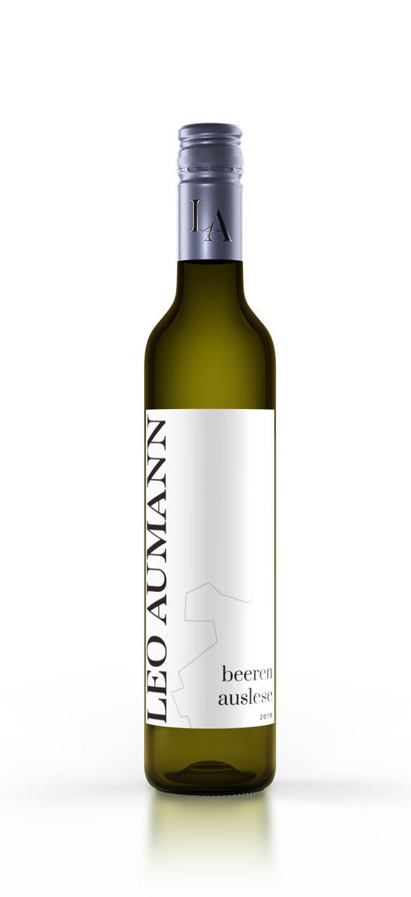 A bottle of Leo Aumann Beeren Auslese white wine with a silver cap and a modern white label.