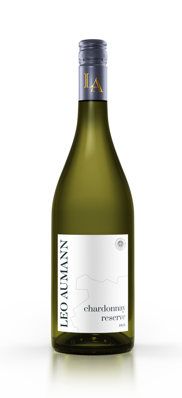 A bottle of Leo Aumann Chardonnay Reserve 2023 with a minimalist white label.