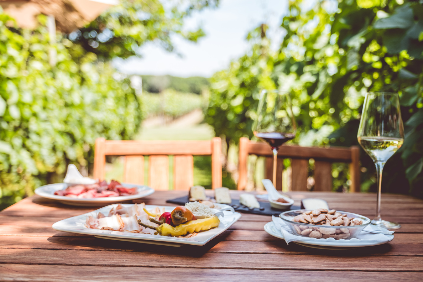 Ein Holztisch mit Wein, Käse und Snacks in einem sonnigen Weinberg im Freien.
