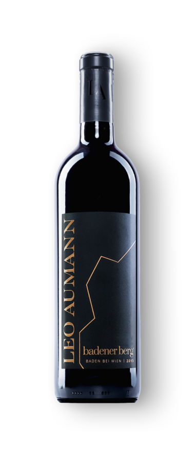 A bottle of Leo Aumann red wine with a modern black and gold label with the inscription badener berg.