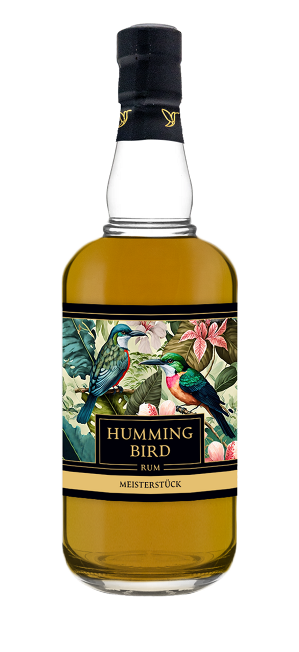 A bottle of Humming Bird Rum with colorful hummingbirds and tropical leaves on the label.