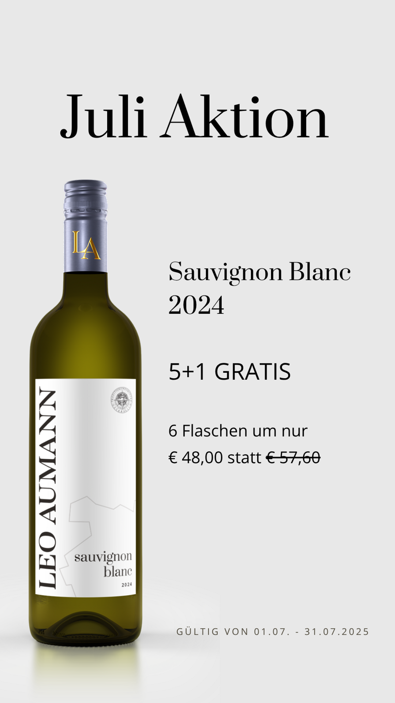 Weinflaschen-Aktion: Juli Aktion Sauvignon Blanc 2024, 6 Flaschen für 48 €, 5+1 gratis, Angebot gültig Juli 2025.