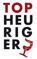 Der Text lautet TOP HEURIGER, wobei das G in HEURIGER durch ein rotes Weinglas ersetzt wird.