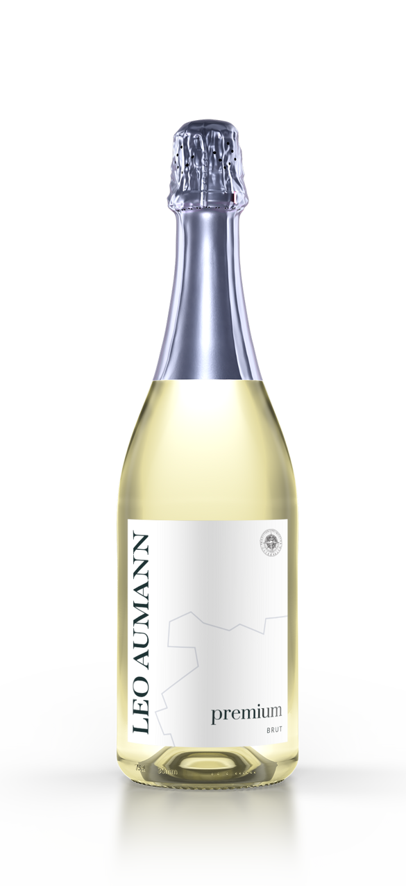 A bottle of Leo Aumann Premium Brut sparkling wine with a silver foil stopper and minimalist white label.