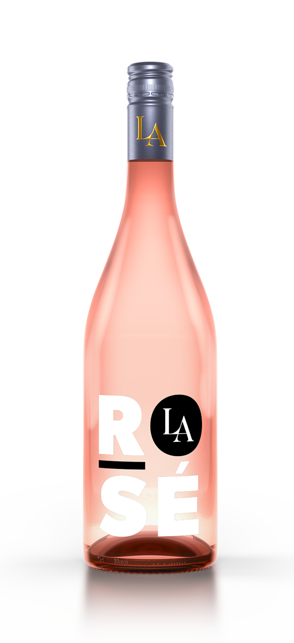 A clear bottle of rosé wine with the inscription LA ROSÉ and a silver cap on a white background.