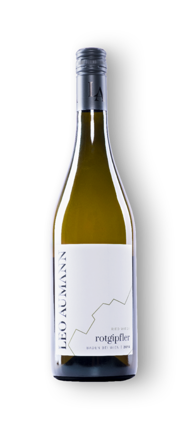 Eine Flasche Leo Aumann Rotgipfler Weißwein mit einem minimalistischen weiß-schwarzen Etikett.