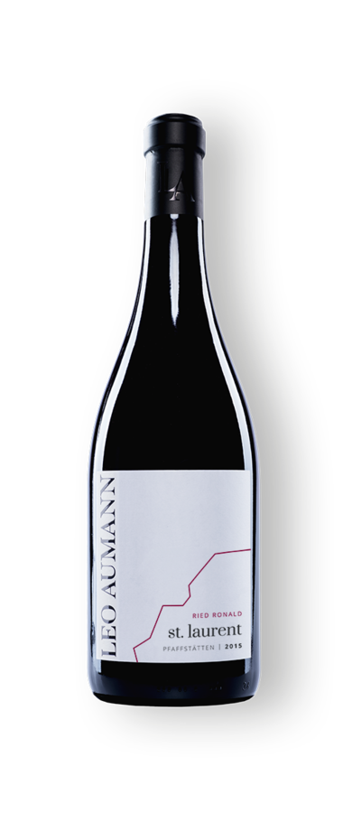 Eine Flasche Leo Aumann St. Laurent Rotwein mit weißem Etikett und schwarzem Verschluss.
