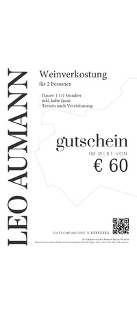 Voucher for a wine tasting for 2 persons worth 60 €, with the name LEO AUMANN on the left side.
