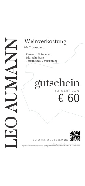 Gutschein für eine Weinverkostung für 2 Personen im Wert von 60 €, mit dem Namen LEO AUMANN auf der linken Seite.