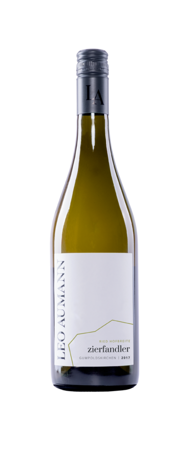 Eine Flasche Leo Aumann Zierfandler Weißwein mit einem grauen Verschluss und einem weißen Etikett.