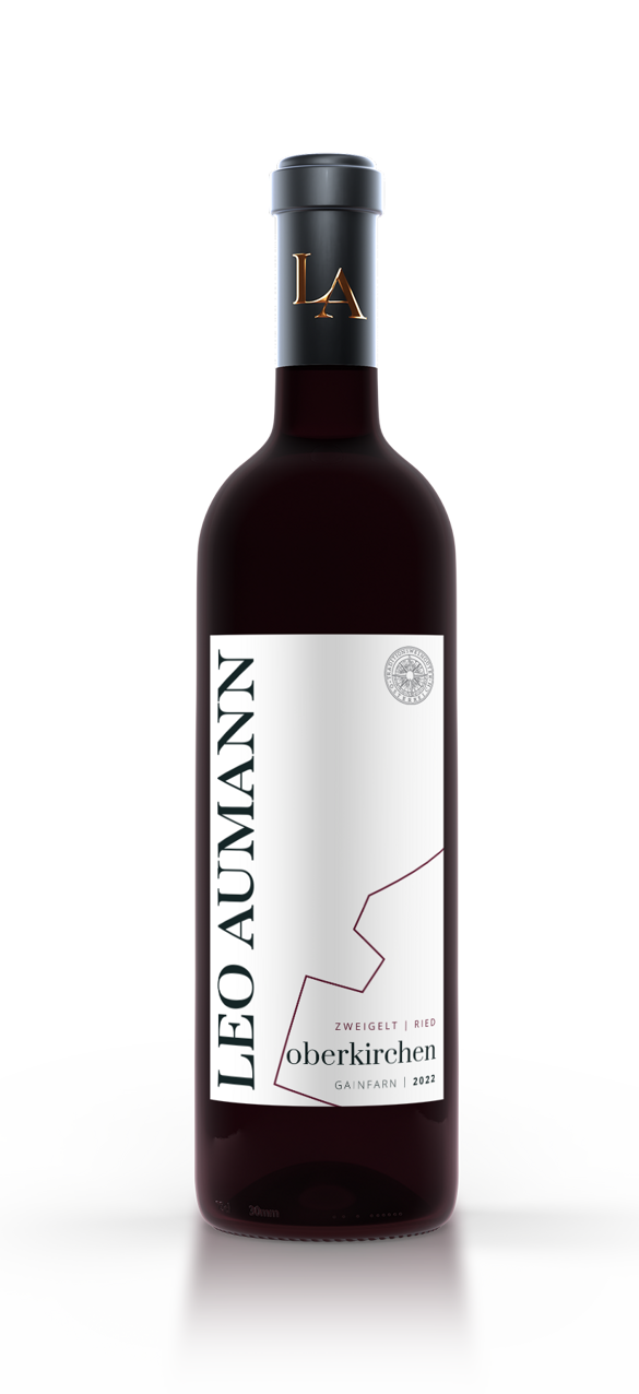 Eine Flasche Leo Aumann Zweigelt Rotwein mit der Bezeichnung Oberkirchen aus dem Jahr 2021.